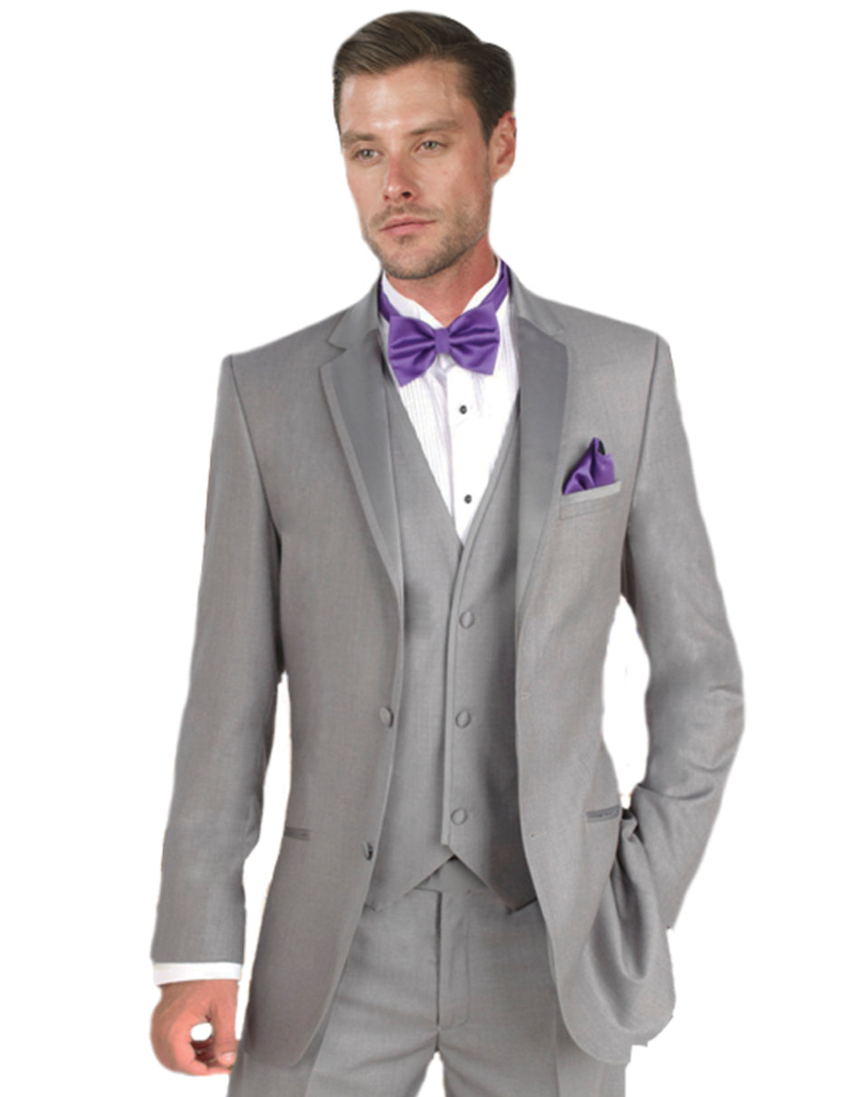 Mens Vested Satin Trim Wedding Tuxedo in Light Grey