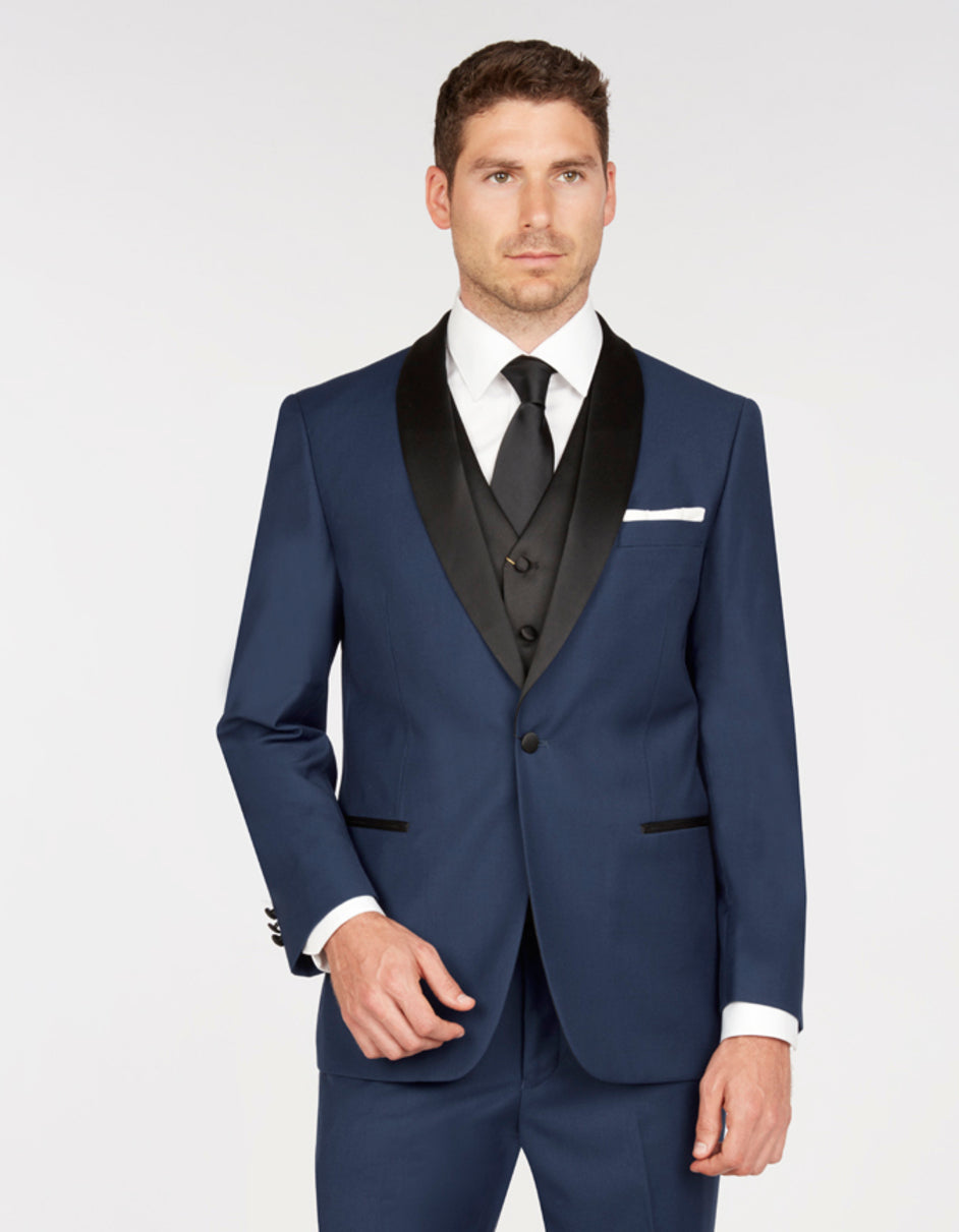 Mens Vested One Button Shawl Lapel Tuxedo in Navy & Black