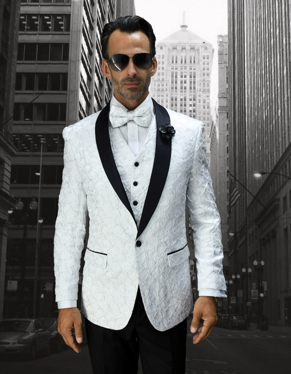 Mens 1 Button Shawl Lapel Vested Dinner Jacket Tuxedo in White Lace