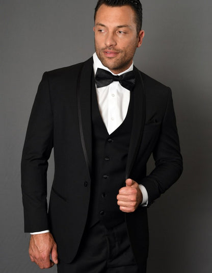 Mens One Button Satin Trim Shawl Tuxedo in Black Wool - Men's Tuxedo USA