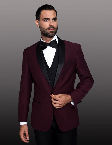 Mens 1 Button Shawl Lapel Wool Dinner Jacket in Burgundy