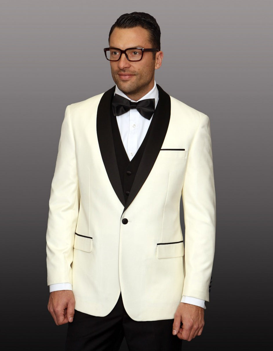 Mens 1 Button Shawl Lapel Wool Dinner Jacket in Ivory & Black