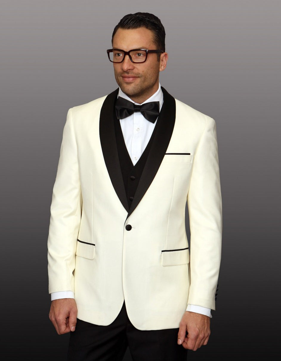 Ivory suit jacket with black shop lapel
