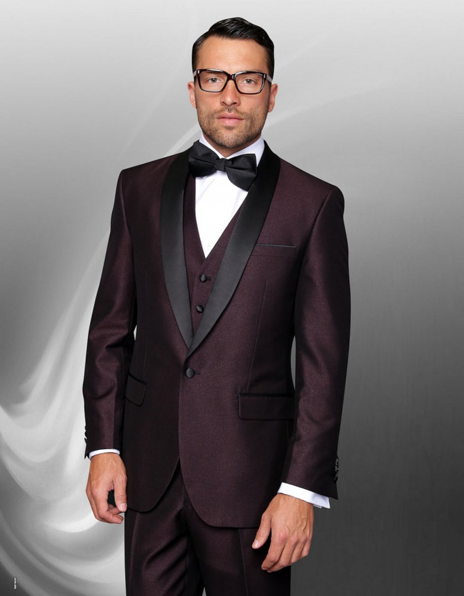 Mens 1 Button Shawl Lapel Vested Wool Wedding | Prom Tuxedo in Burgundy