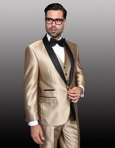 Mens 1 Button Shawl Lapel Vested Wedding | Prom Tuxedo in Gold Sharkskin