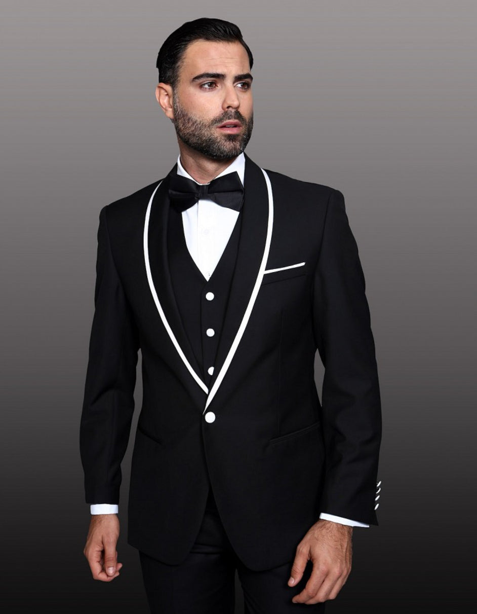 Mens One Button Satin Trim Shawl Tuxedo in Black & White