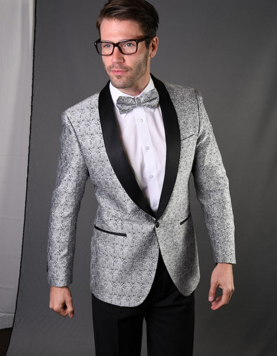 Mens Geometric Lace Pattern Tuxedo in Silver Grey