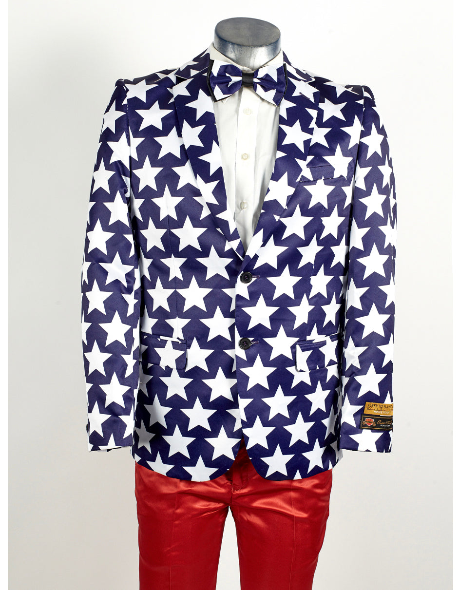 Mens 2 Button Blue & White Stars American Flag 4th of July Patriotic Suit