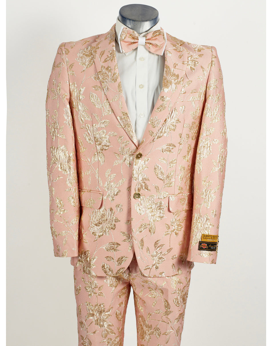 Mens 2 Button Light Pink & Gold Foil Floral Paisley Prom & Wedding Tuxedo