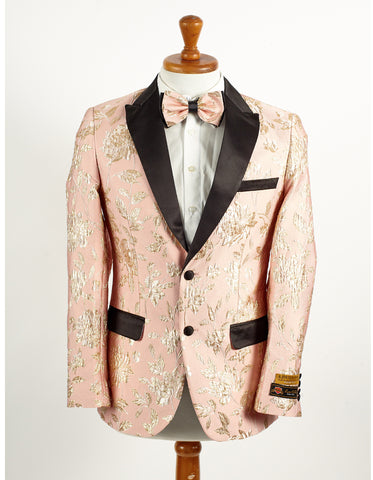 Mens 2 Button Light Baby Pink & Gold Floral Paisley Tuxedo Blazer