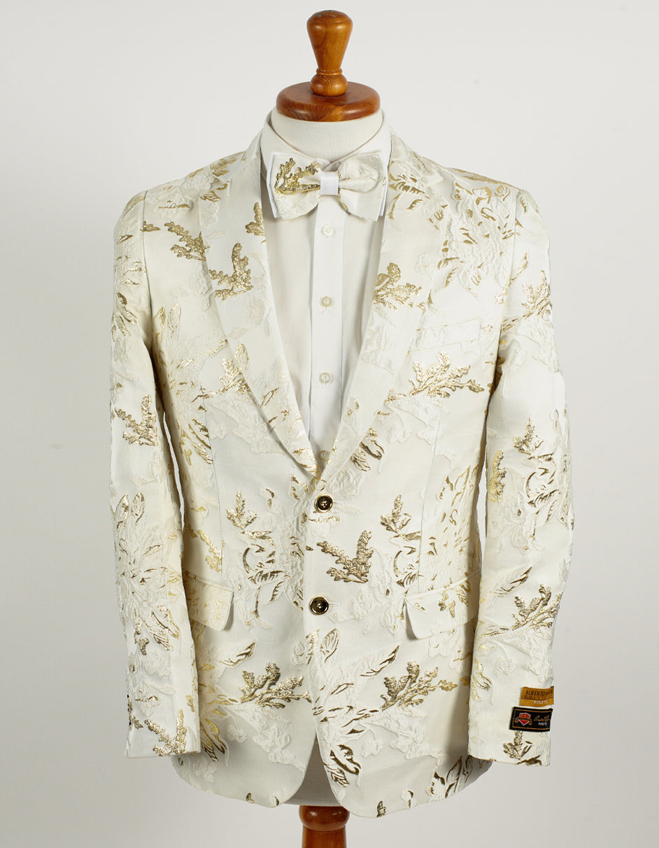 Mens 2 Button White with Gold Foil Floral Paisley Prom and Wedding Blazer
