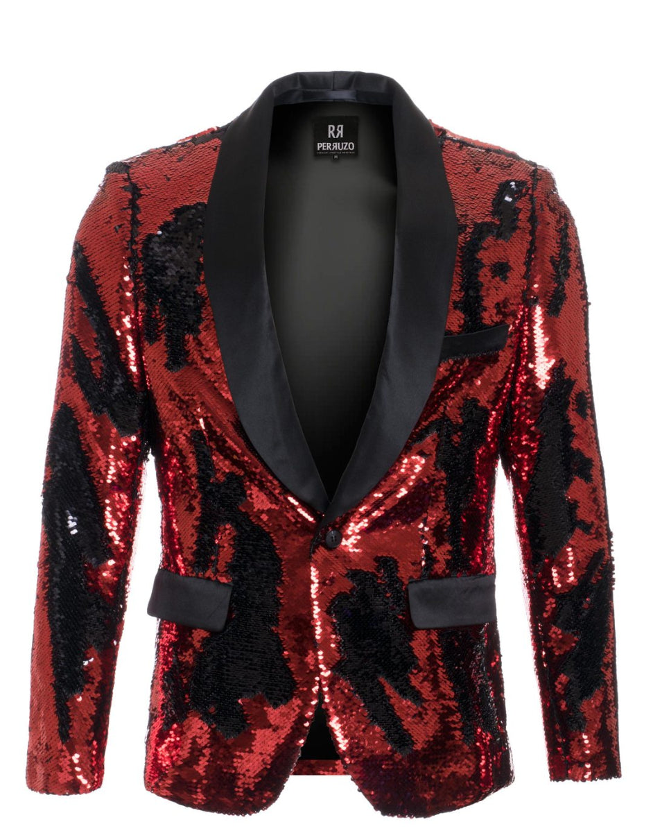 1 Button Reversible Sequin Blazer In Red and Black