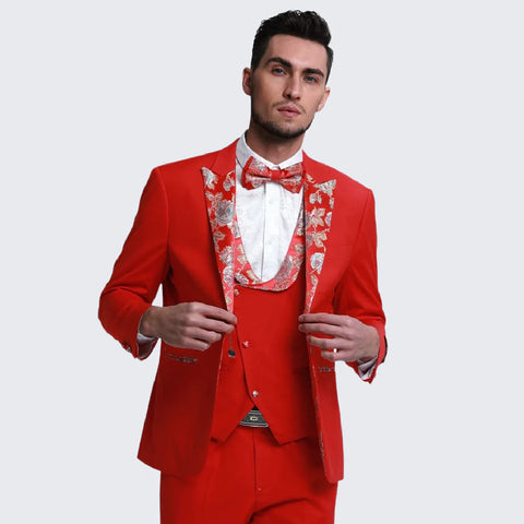 Red Tuxedo With Floral Pattern Peak Lapel