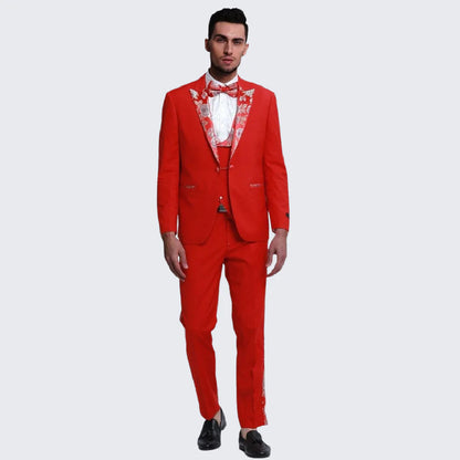 Red Tuxedo With Floral Pattern Peak Lapel - Men's Tuxedo USA