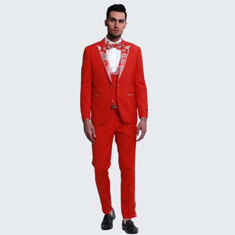 Red Tuxedo With Floral Pattern Peak Lapel