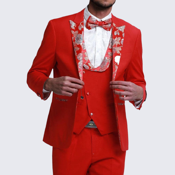 Red Tuxedo With Floral Pattern Peak Lapel - Men's Tuxedo USA