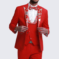 Red Tuxedo With Floral Pattern Peak Lapel