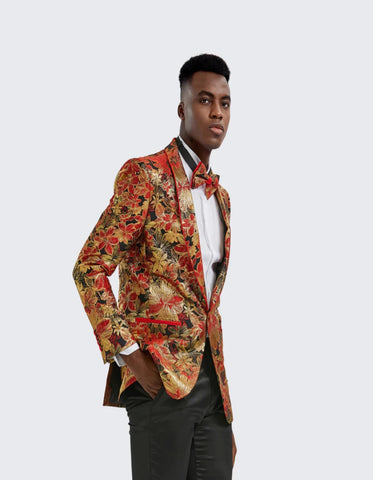 Red & Gold Floral Tuxedo Jacket Slim Fit - Men's Tuxedo USA