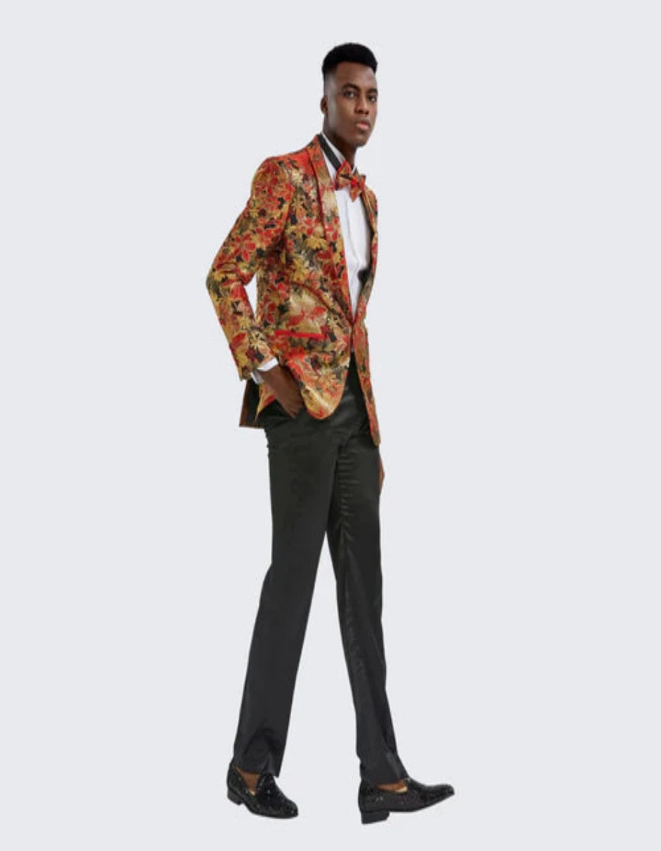 Red Gold Floral Tuxedo Jacket Slim Fit