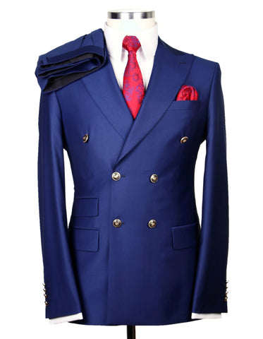 Mens Designer Modern Fit Double Breasted Wool Suit with Gold Buttons in Indigo Blue