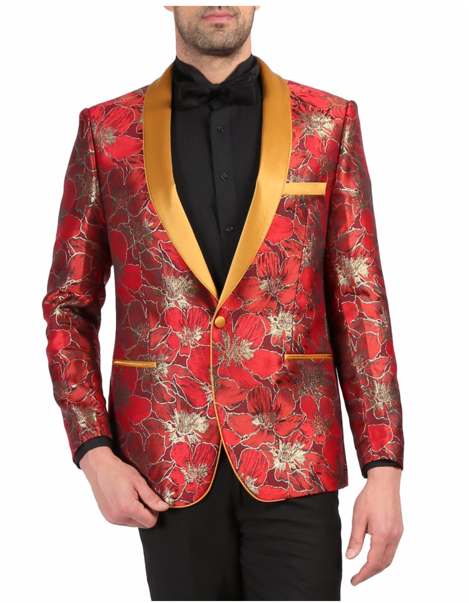 Mens One Button Floral Tuxedo Dinner Jacket in Red & Gold
