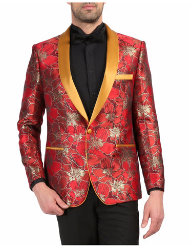 Mens One Button Floral Tuxedo Dinner Jacket in Red & Gold