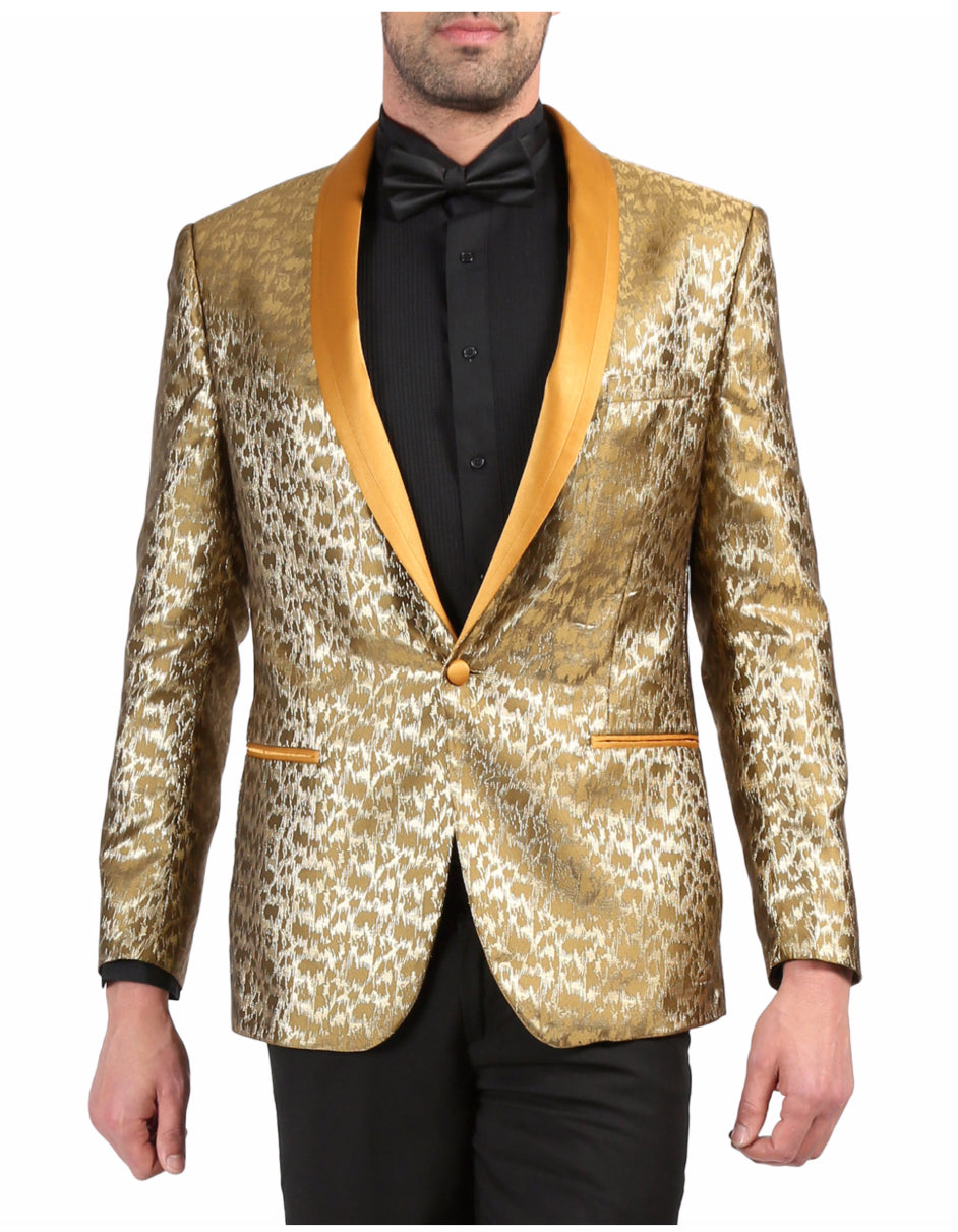 Mens One Button Geometric Print Tuxedo Dinner Jacket in Gold