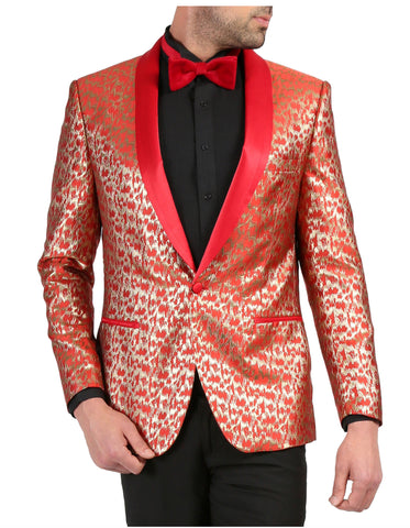 Mens One Button Geometric Print Tuxedo Dinner Jacket in Red