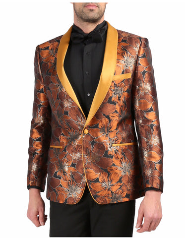 Mens One Button Floral Tuxedo Dinner Jacket in Orange & Gold