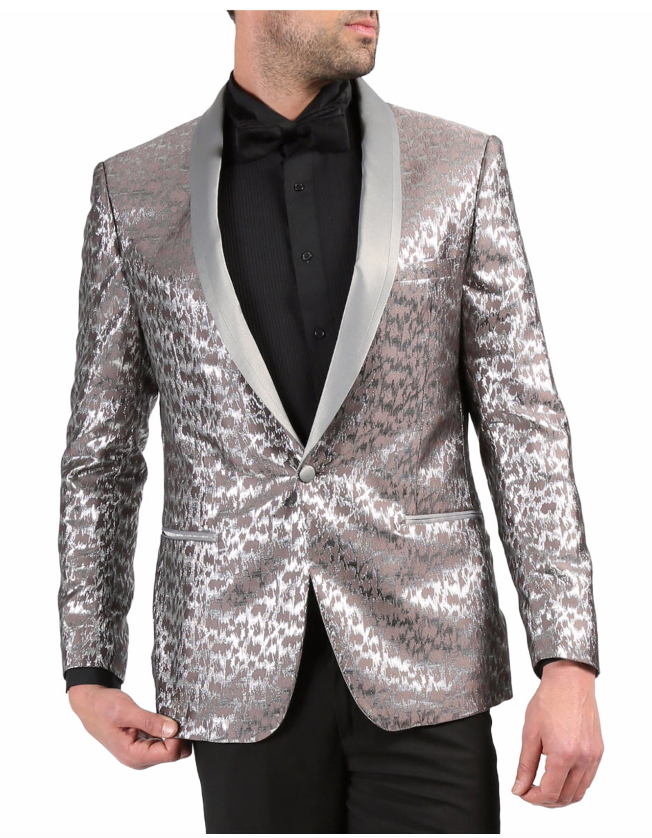 Mens One Button Geometric Print Tuxedo Dinner Jacket in Silver