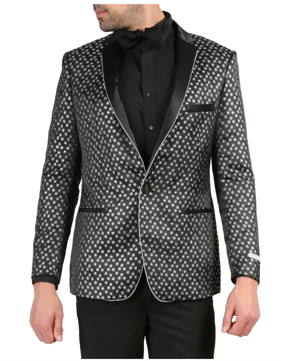 Mens One Button Star Print Tuxedo Dinner Jacket in Black & White - Men's Tuxedo USA