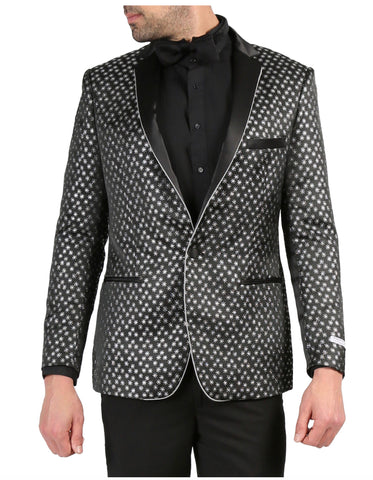 Mens One Button Star Print Tuxedo Dinner Jacket in Black & White