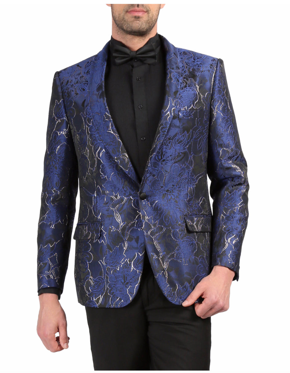 Mens One Button Floral Tuxedo Dinner Jacket in Blue