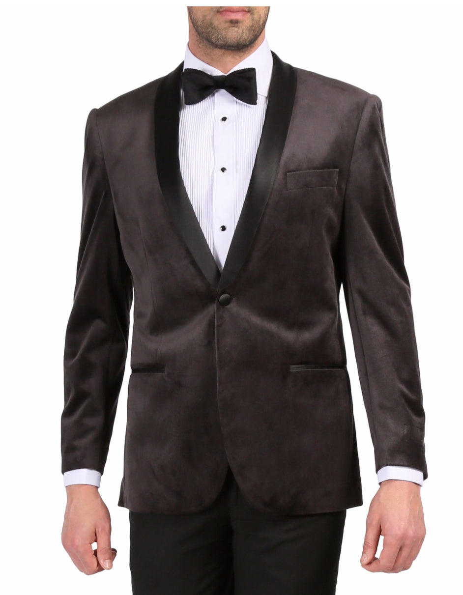 Mens 1 Button Velvet Tuxedo Dinner Jacket in Grey