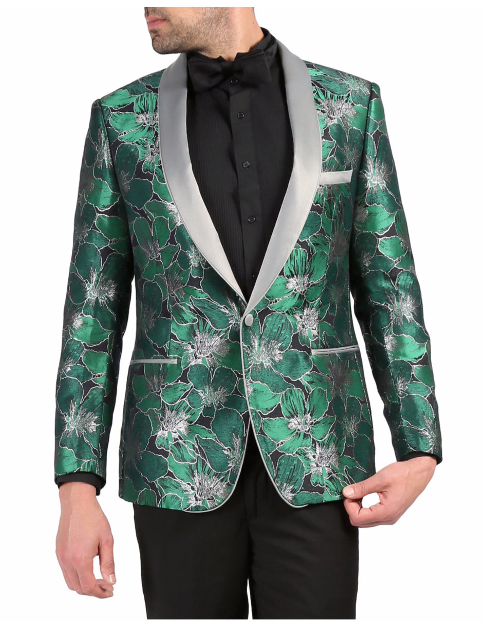 XS Mens One Button Floral Tuxedo Dinner Jacket in Green Silver