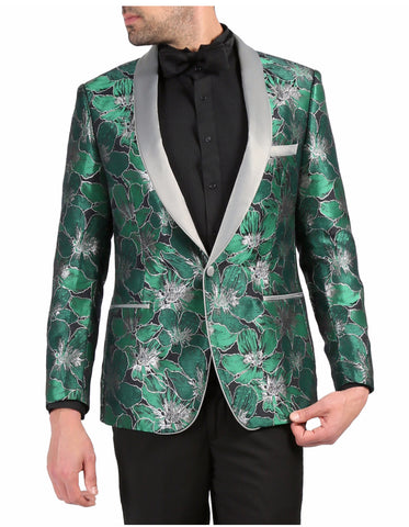 Mens One Button Floral Tuxedo Dinner Jacket in Green & Silver