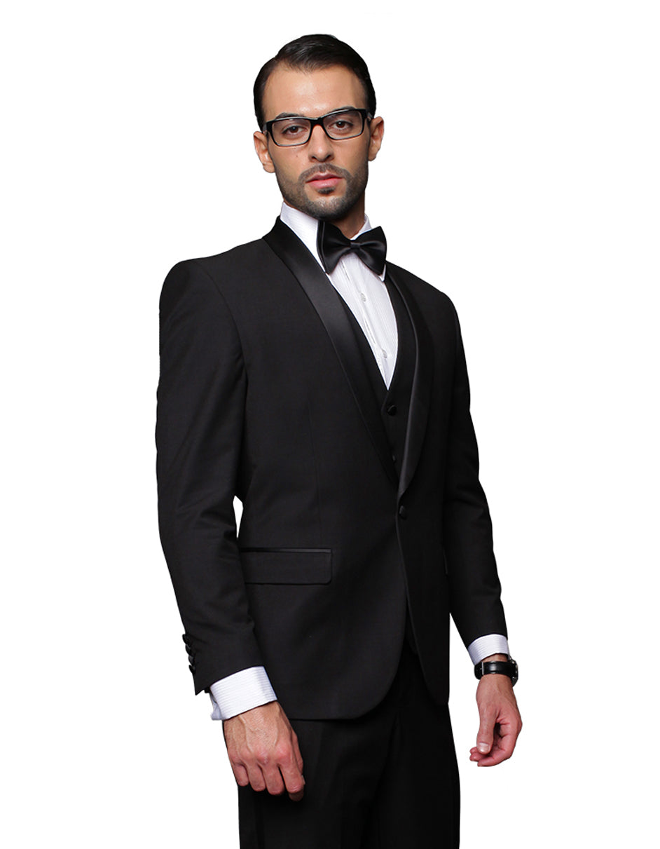Mens 1 Button Shawl Lapel Vested Wool Tuxedo in Black