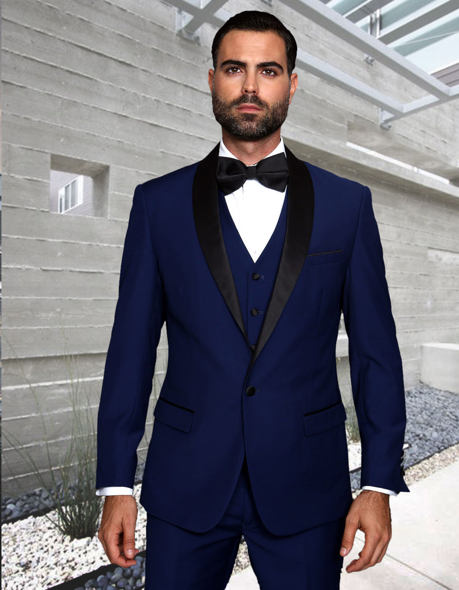 Mens 1 Button Shawl Lapel Vested Wool Wedding - Prom Tuxedo in Sapphire Blue