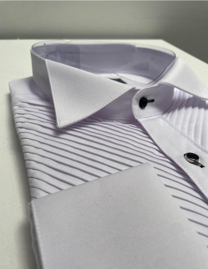 Mens Modern Diagonal Pleat Lay Down Collar French Cuff Tuxedo Shirt in White - Men's Tuxedo USA