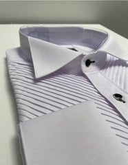 Mens Modern Diagonal Pleat Lay Down Collar French Cuff Tuxedo Shirt in White