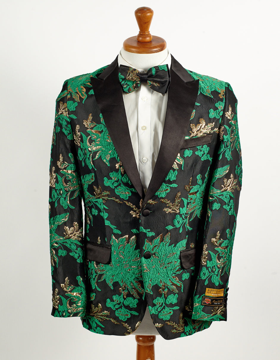 Mens 2 Button Hunter Green, Gold, & Black Floral Paisley Tuxedo Blazer