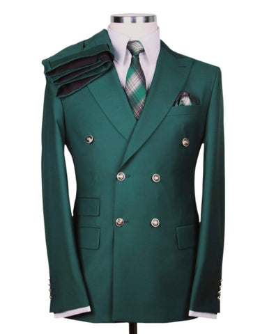 Mens Designer Modern Fit Double Breasted Wool Suit with Gold Buttons in Hunter Green