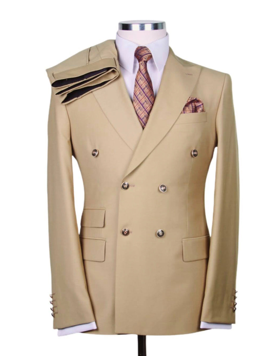 Mens Designer Modern Fit Double Breasted Wool Suit with Gold Buttons in Camel