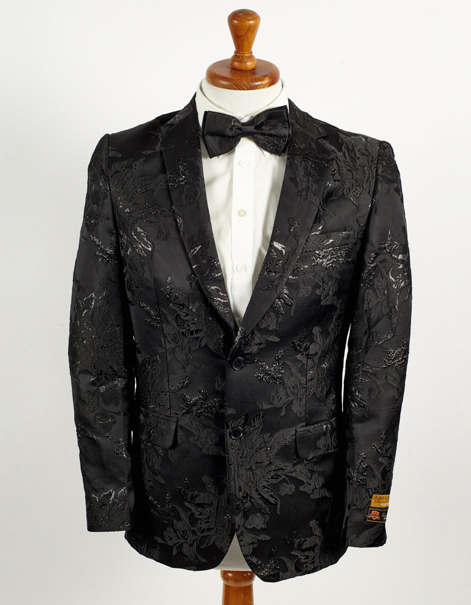 Mens 2 Button Black Shiny Floral Paisley Prom and Wedding Blazer