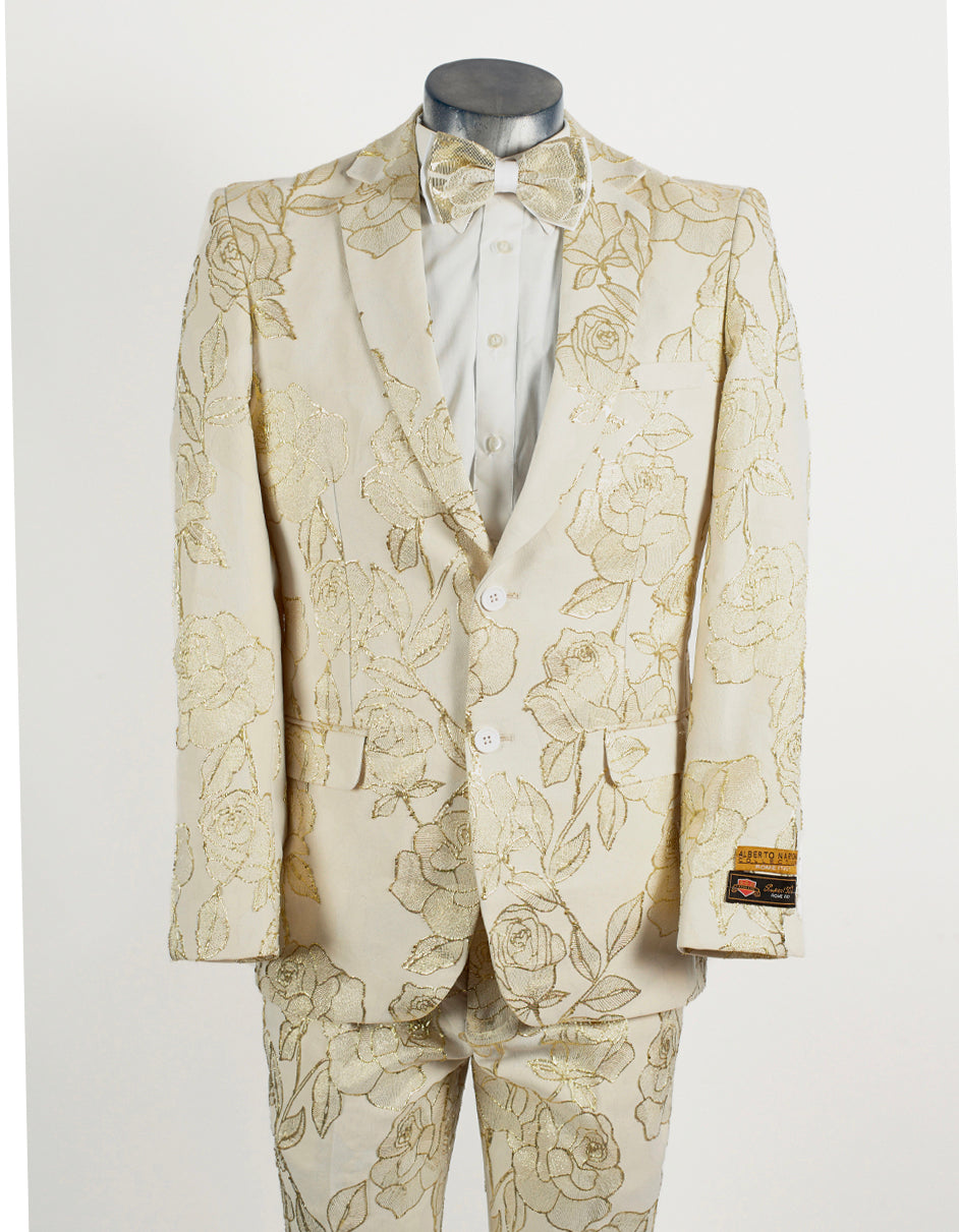 Mens 2 Button Ivory & Gold Foil Floral Paisley Prom & Wedding Tuxedo