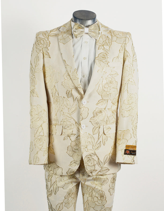 Mens 2 Button Ivory & Gold Foil Floral Paisley Prom & Wedding Tuxedo - Men's Tuxedo USA