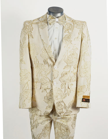 Mens 2 Button Ivory & Gold Foil Floral Paisley Prom & Wedding Tuxedo