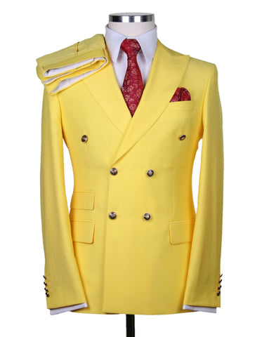 Mens Designer Modern Fit Double Breasted Wool Suit with Gold Buttons in Yellow